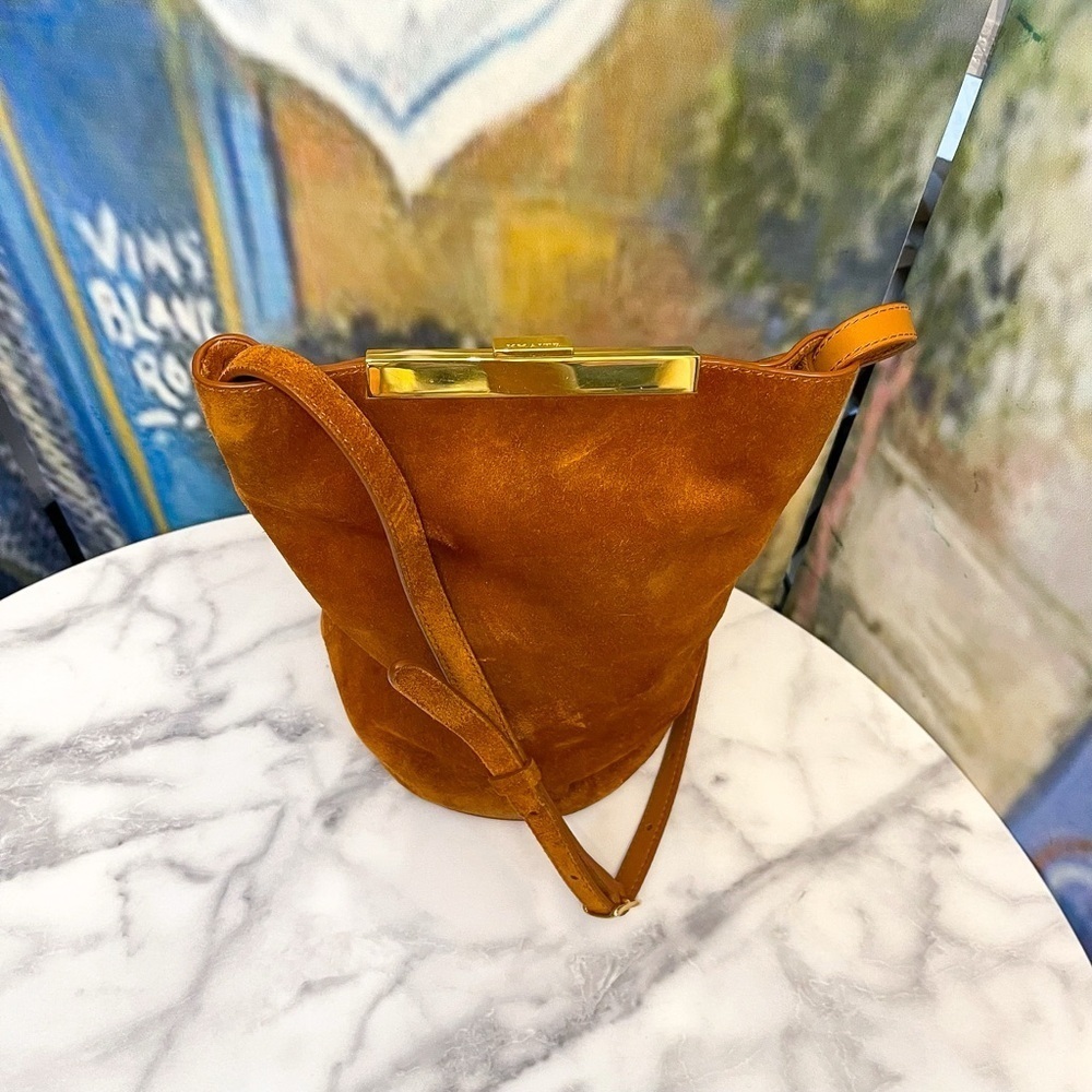 Khaite Etta Suede Bucket Bag Leather Crossbody Brown Gold Frame GUC - Picture 6 of 12